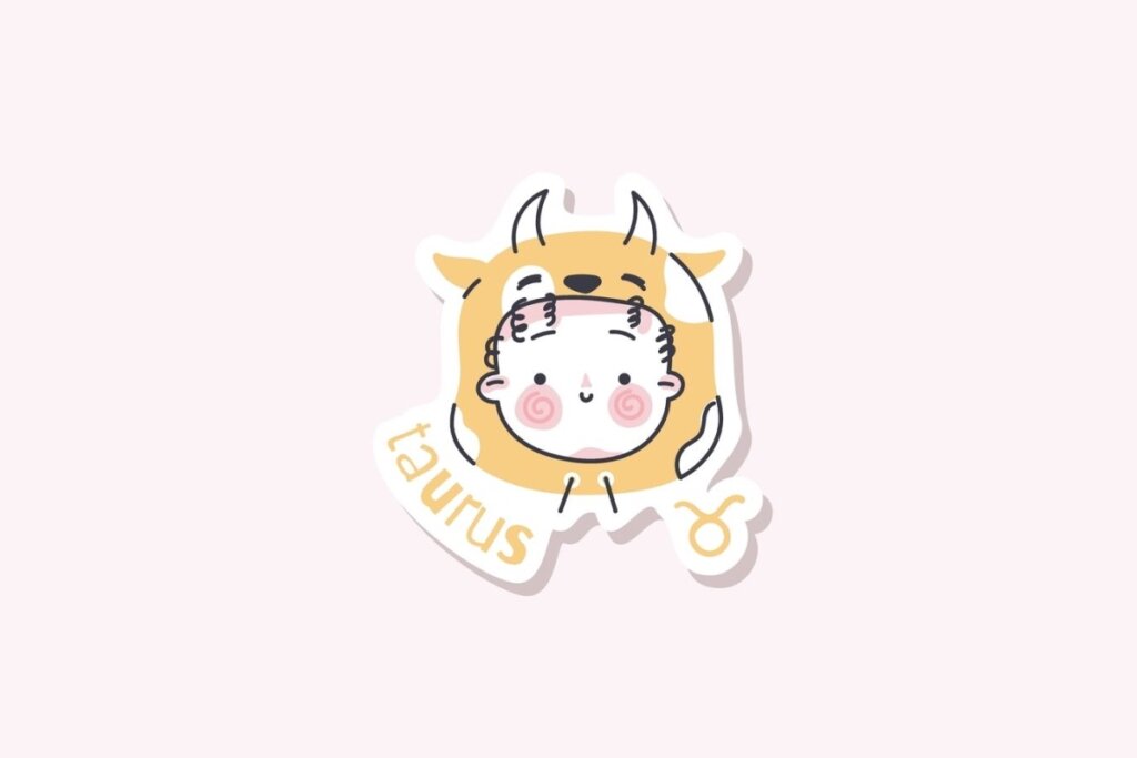 Ilustração do signo de Touro, contendo uma criança com capuz amarelo e pequenos chifres representando um touro, em fundo rosa-claro