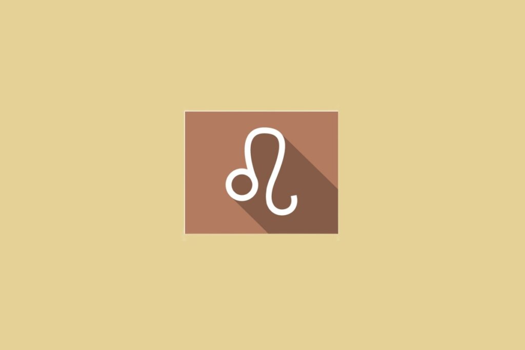 Ilustração do signo de Leão, em fundo amarelo-mostarda, com símbolo que lembra uma curva sinuosa com um círculo em uma das extremidades