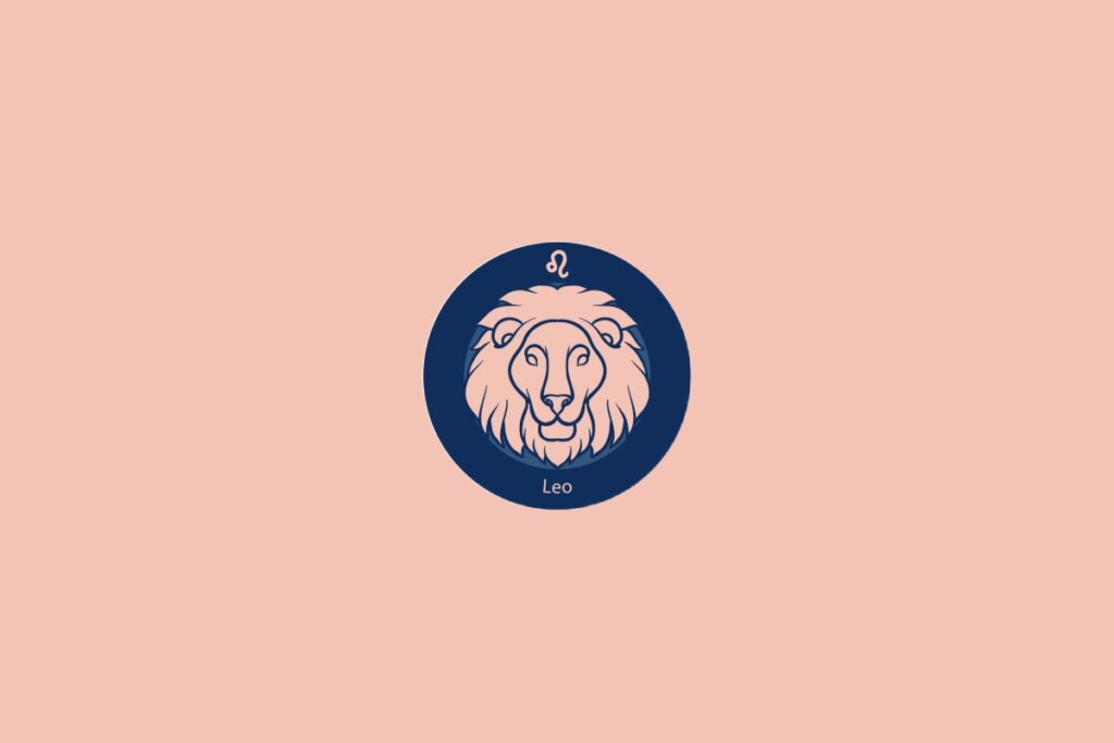 Ilustração do signo de Leão com uma cabeça de leão em fundo azul e rosa