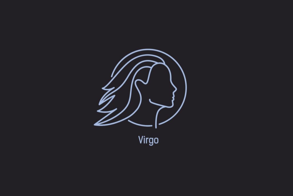Ilustração do signo de Virgem contendo o perfil de um rosto feminino com cabelos soltos
