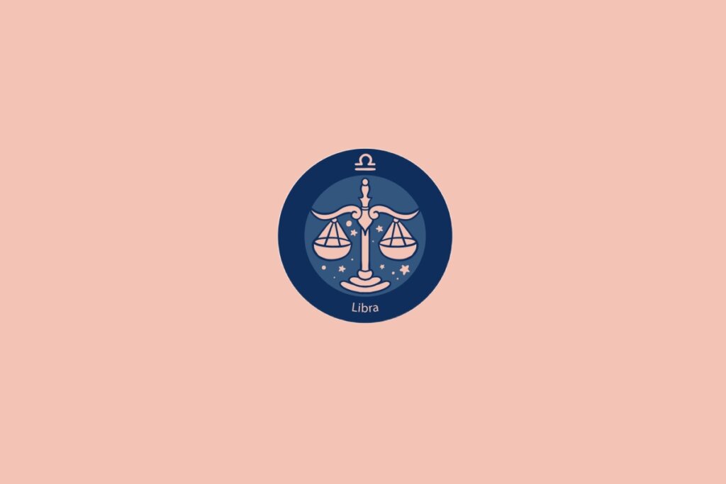 Ilustração do signo de Libra com uma balança equilibrada em fundo azul com estrelas e fundo rosa