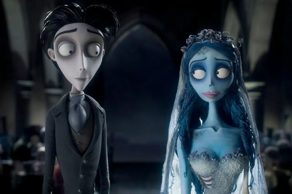 Animação de Victor, usando terno, e Emilly, vestida de noiva, em "A Noiva Cadáver"