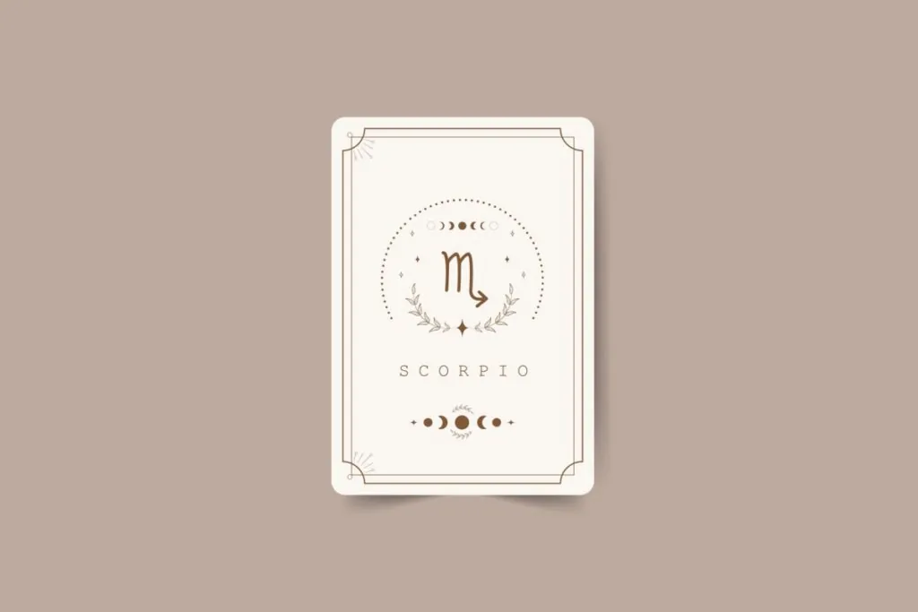 ilustração de uma carta branca com símbolo do signo de escorpião marrom com pontos em volta, nome do signo em inglês embaixo e desenhos de lua. carta está em fundo marrom-claro