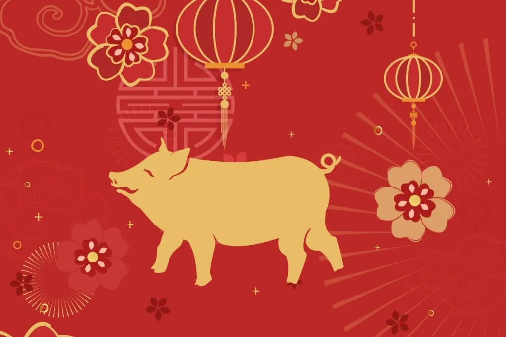 Ilustração de um javali dourado em um fundo vermelho