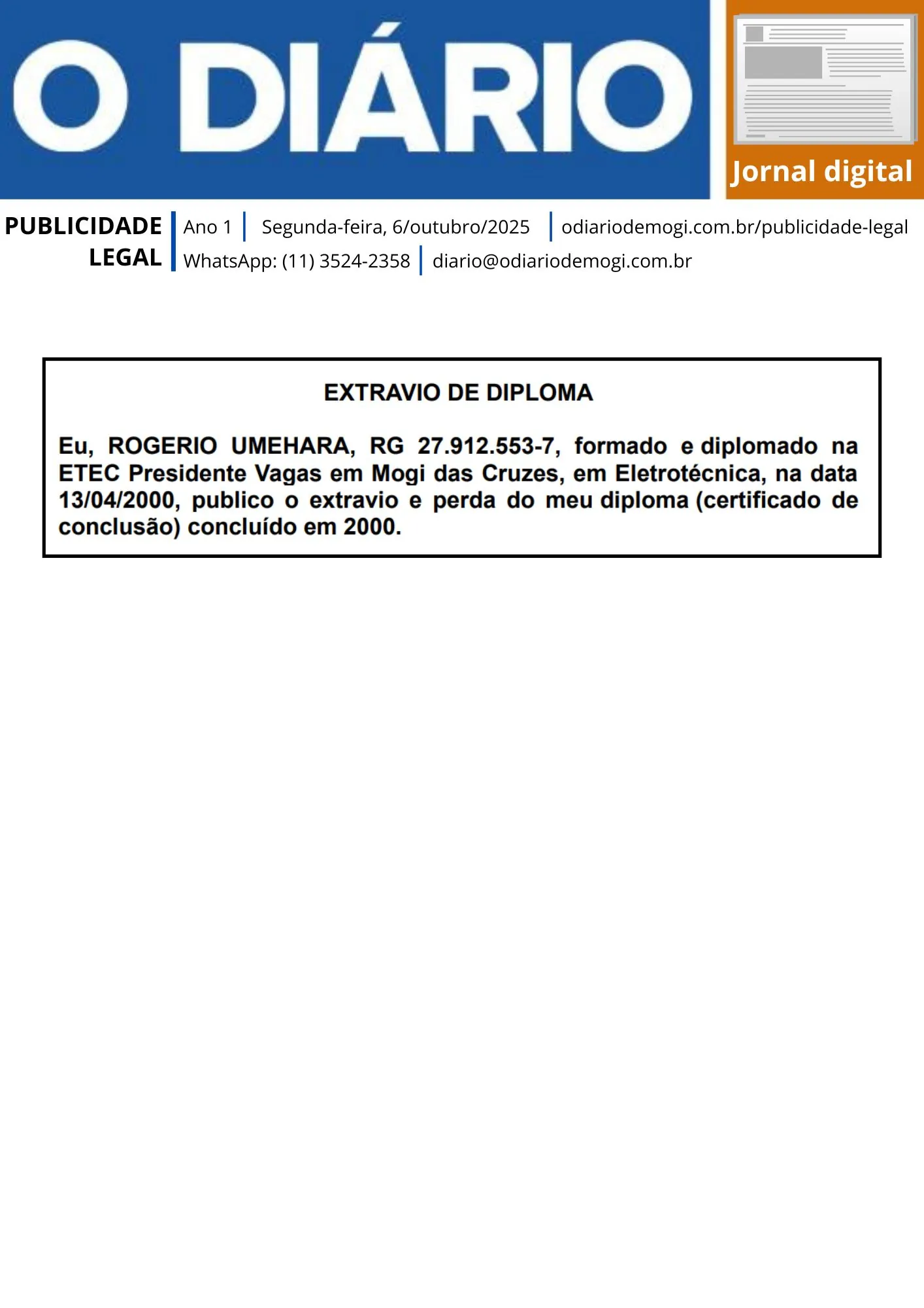 Segunda-feira, 6 de outubro de 2025