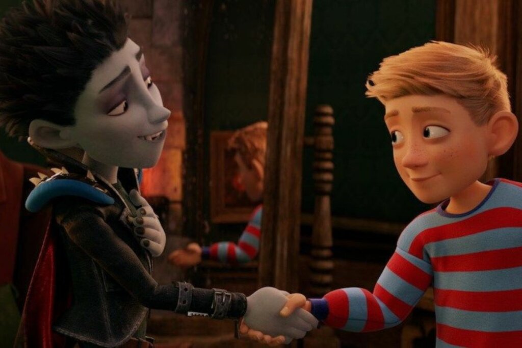 Animação de um vampiro e um menino dando as mãos