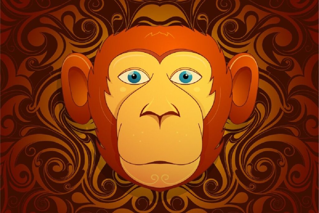 Imagem de um macaco em um fundo com listras marrons e laranjas