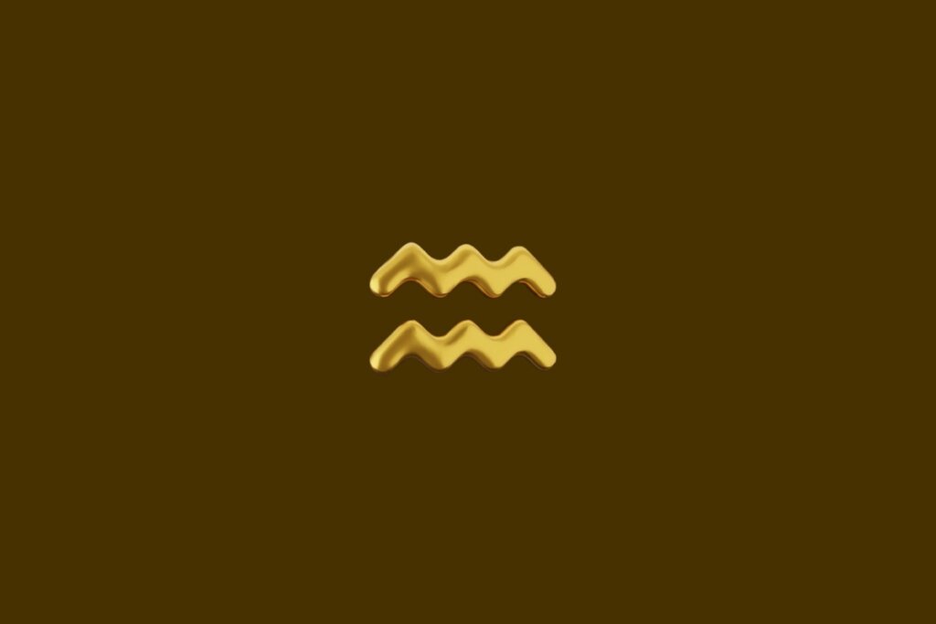 Ilustração do símbolo do signo de Aquário dourado em um fundo marrom
