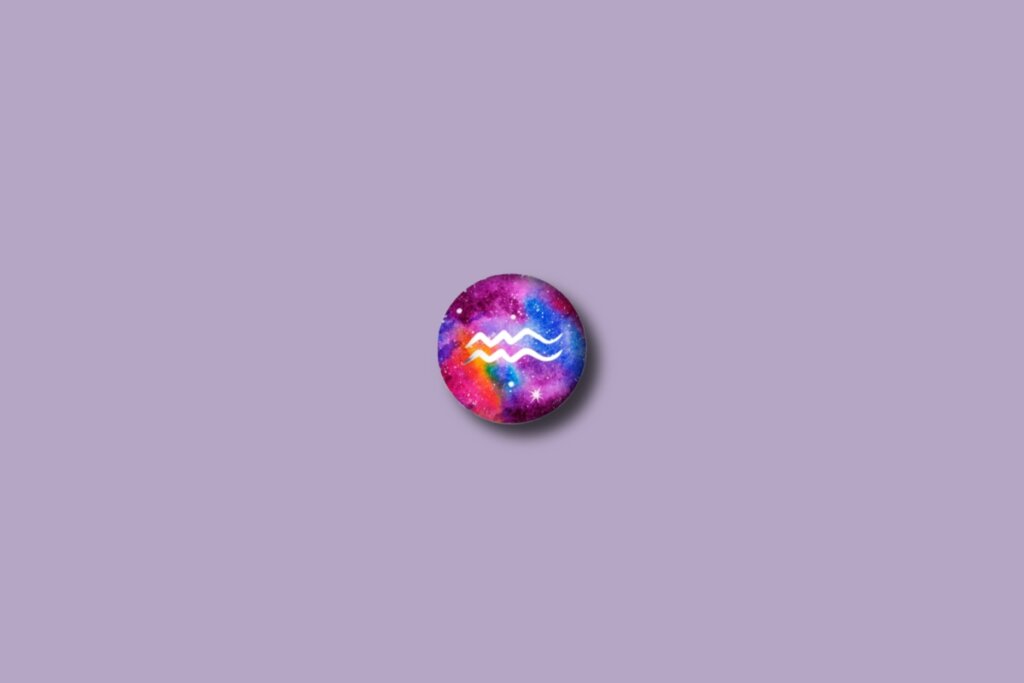 Ilustração do signo de aquário em um círculo colorido e sobre um fundo roxo