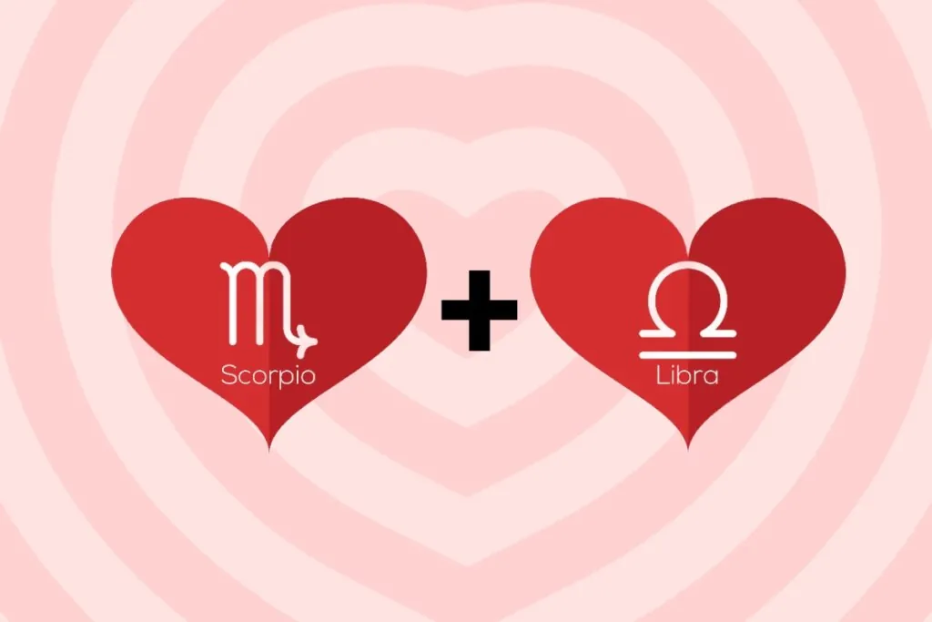 Ilustração de dois corações vermelhos com o símbolo do signo de Escorpião (um “M” com cauda em seta) e o símbolo de Libra (uma linha horizontal com um semicírculo acima)