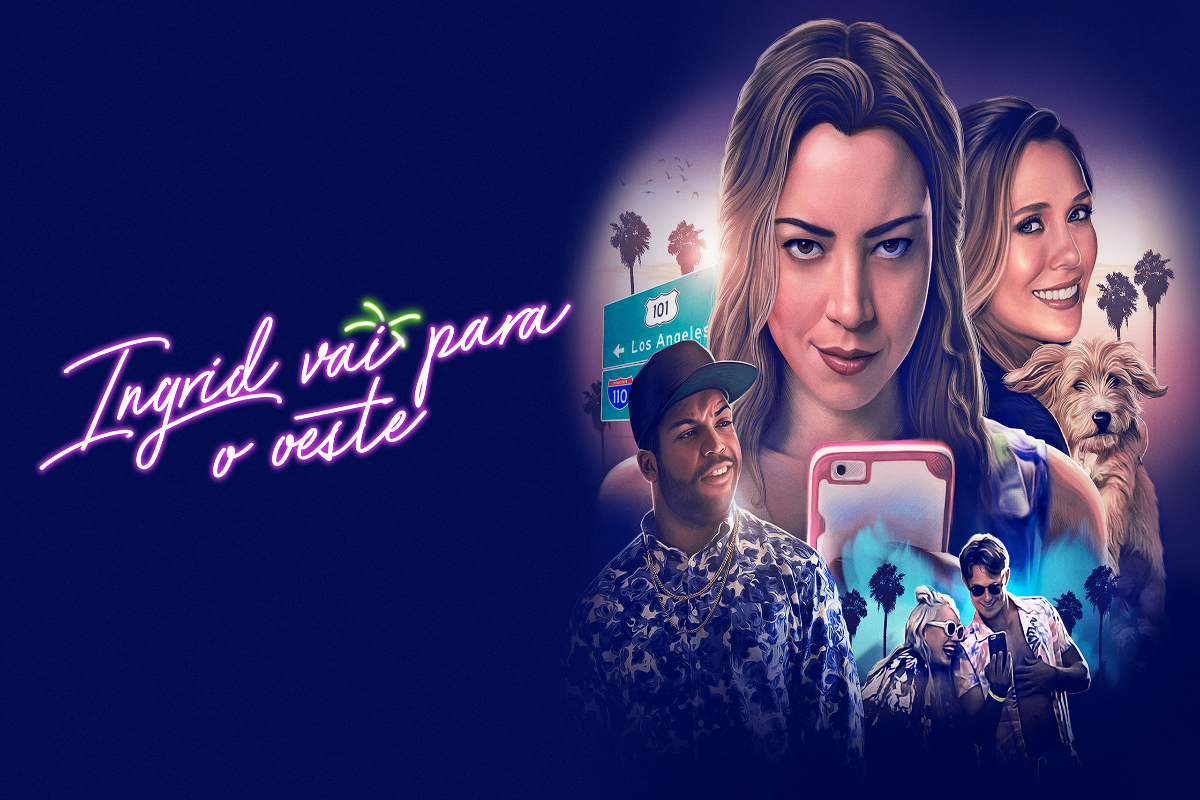 Imagem de duas mulheres uma ao lado da outra, abaixo um homem usando boné e camiseta estampada e ao lado a imagem de um celular e de um casal em fundo roxo e escrito o nome do filme