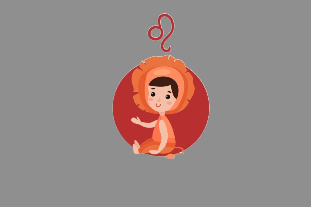 Ilustração do signo de Leão, contendo um menino vestido de leão com juba laranja e roupa combinando, sentado e sorrindo sobre fundo vermelho