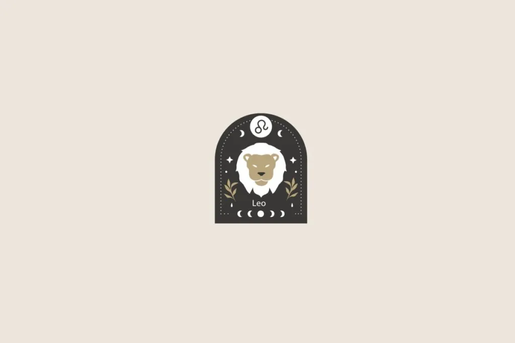 Símbolo estilizado do signo de leão sobre um formato de arco preto. O fundo geral é bege-claro