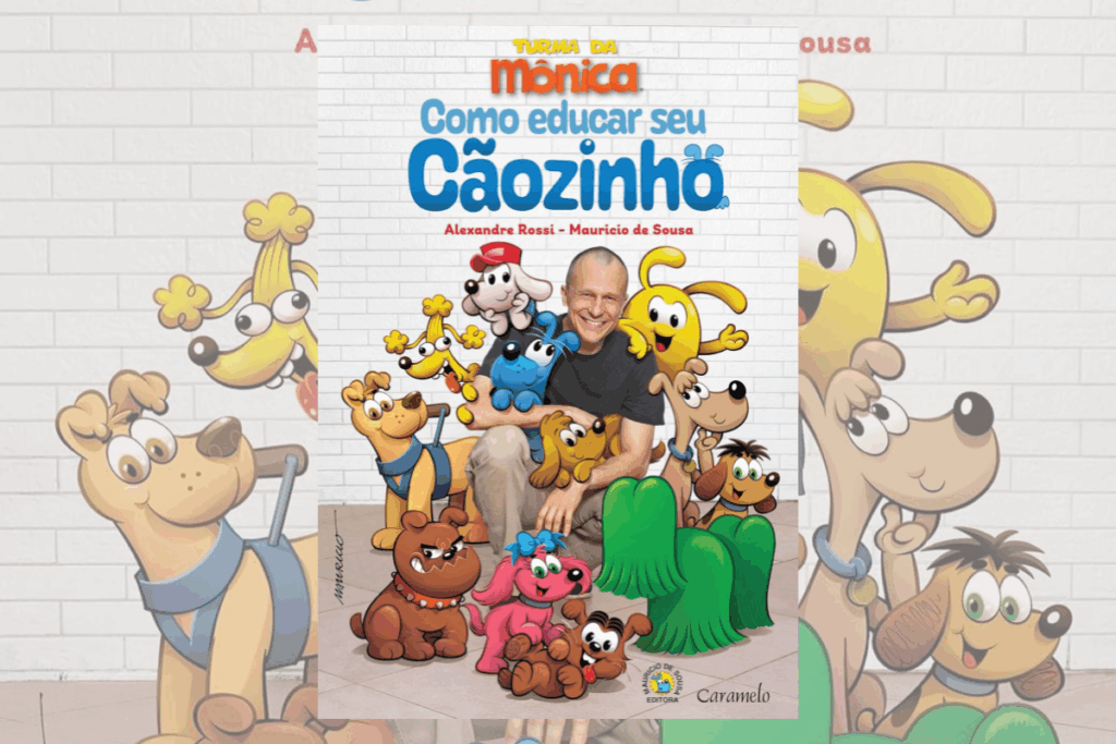 Capa de livro com título e nome do autor e imagem de um homem sentado com diversas ilustrações de animais de estimação ao redor dele