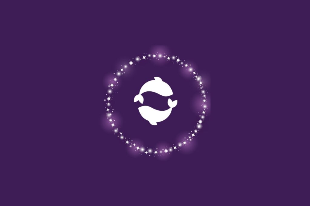 Ilustração do símbolo do signo de Peixes com dois peixes brancos voltados um para o outro, rodeados por pontos brilhantes sobre fundo roxo