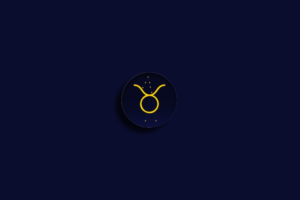 círculo azul-escuro com símbolo e constelação do signo de touro em amarelo sobre fundo azul-escuro