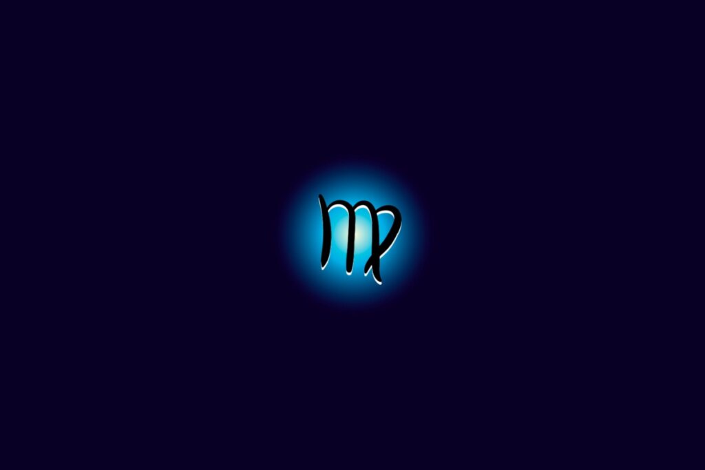 Ilustração do signo de virgem iluminado com uma luz em um fundo azul escuro