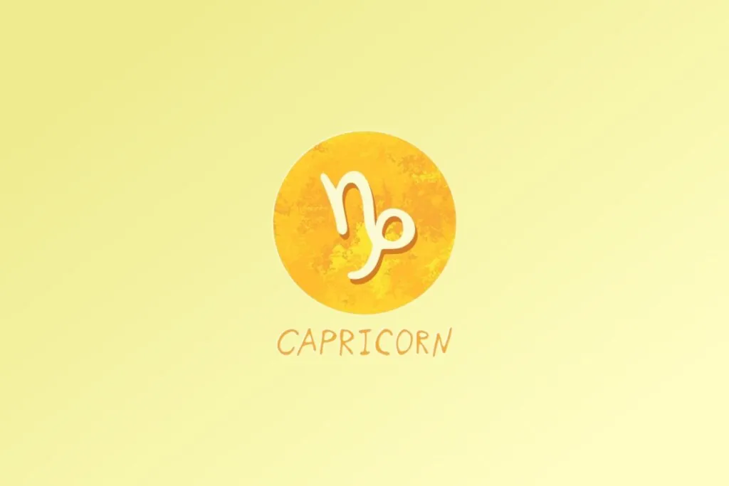 Ilustração do signo de Capricórnio, com um símbolo estilizado que remete à letra "n" seguida de uma espiral, em fundo amarelo