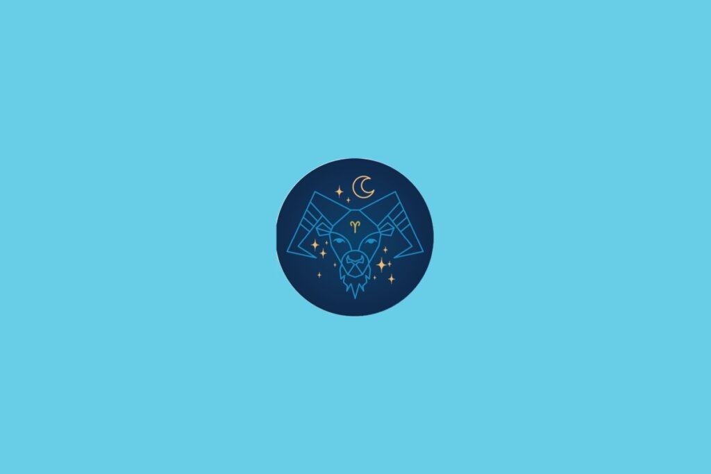Ilustração do signo de Áries representando um carneiro estilizado acompanhado de estrelas douradas e símbolos astrológicos ao redor