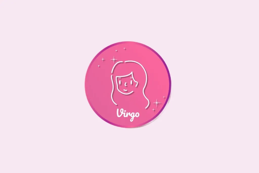 Ilustração do signo de Virgem, em fundo rosa, contendo o símbolo de um rosto feminino com cabelos ondulados