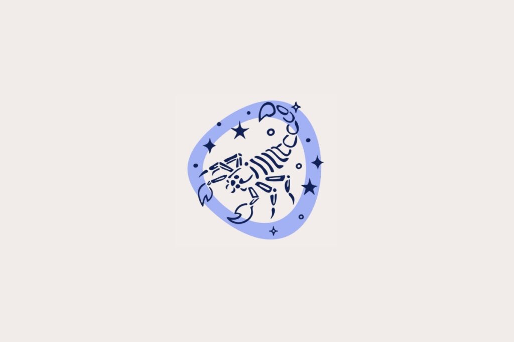 Ilustração do signo de Escorpião, em fundo bege-claro, contendo um escorpião estilizado dentro de uma moldura azul com estrelas
