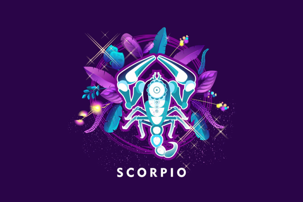Símbolo do signo de Escorpião em azul com detalhes em roxo em um fundo roxo