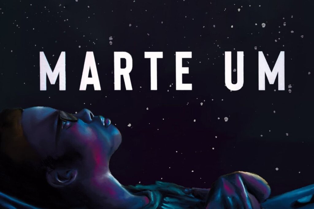 Capa do filme "Marte Um" com a ilustração de um menino deitado e olhando para um céu estrelado