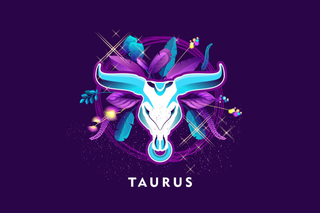 Símbolo do signo de Touro em azul com detalhes em roxo em um fundo roxo