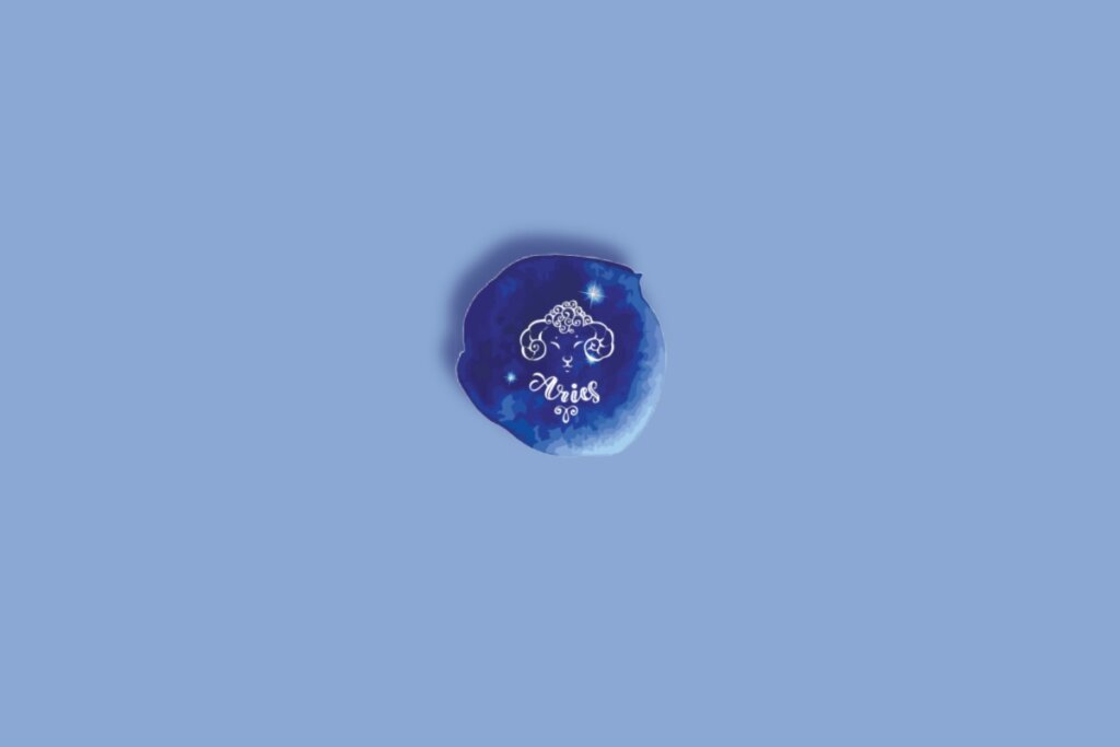 Ilustração do signo de áries em um círculo com fundo azul e branco com estrelas