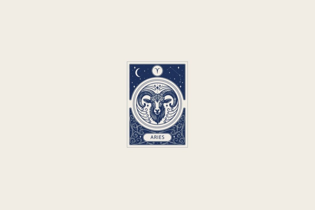 Ilustração do signo de Áries em azul dentro de uma carta e com fundo cinza