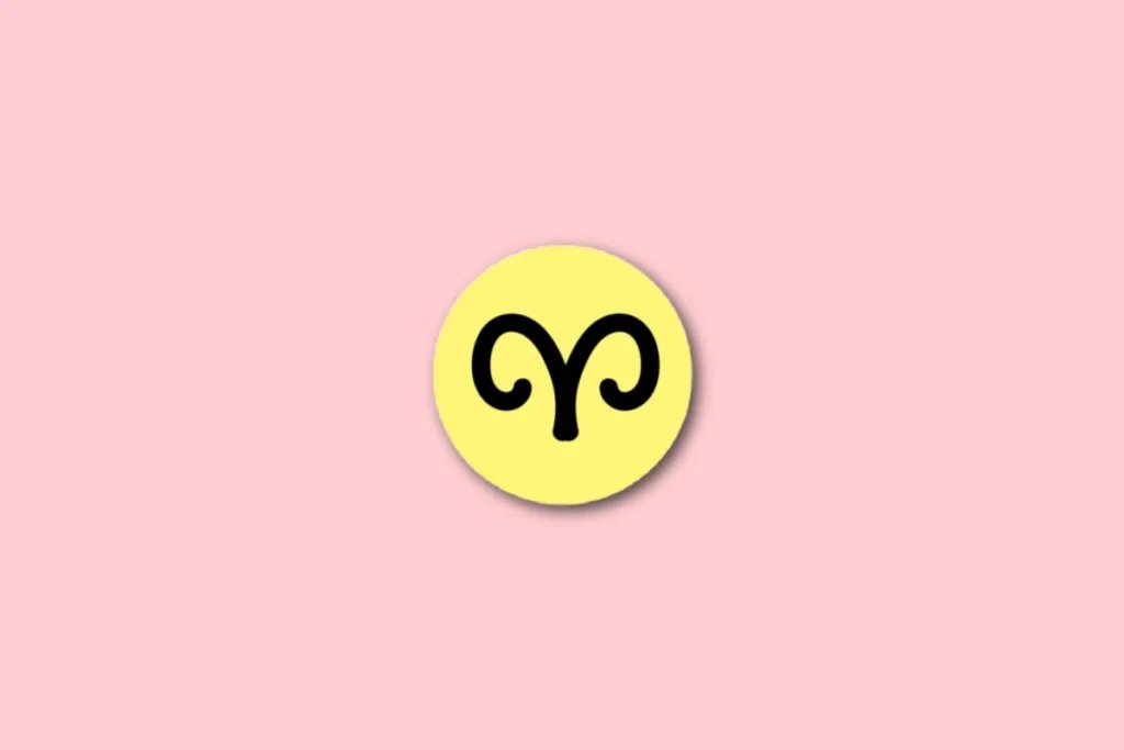 círculo amarelo com ilustração preta do símbolo do signo de áries sobre fundo rosa