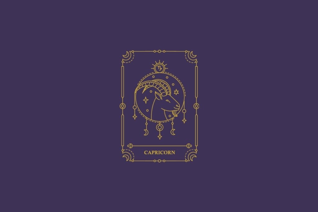 Ilustração do signo de capricórnio em dourado com detalhes na mesma cor ao redor. Fundo roxo-escuro