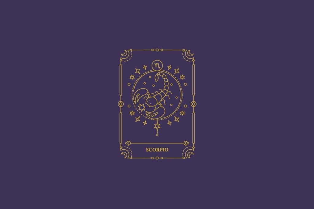 Ilustração do signo de escorpião em dourado com detalhes na mesma cor ao redor. Fundo roxo-escuro