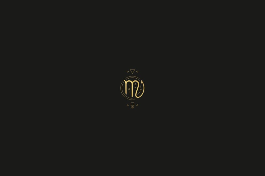 Ilustração do signo de escorpião na cor dourada, com estrelas, quadrados e triângulos ao redor, em um fundo preto