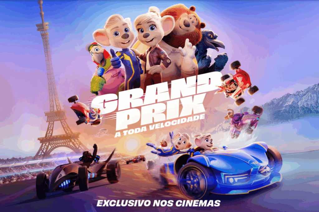 Pôster do filme "Grand Prix: A Toda Velocidade", mostrando personagens animais em carros de corrida com a Torre Eiffel ao fundo