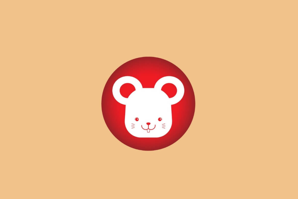 ilustração de um rato branco sobre círculo vermelho em fundo laranja
