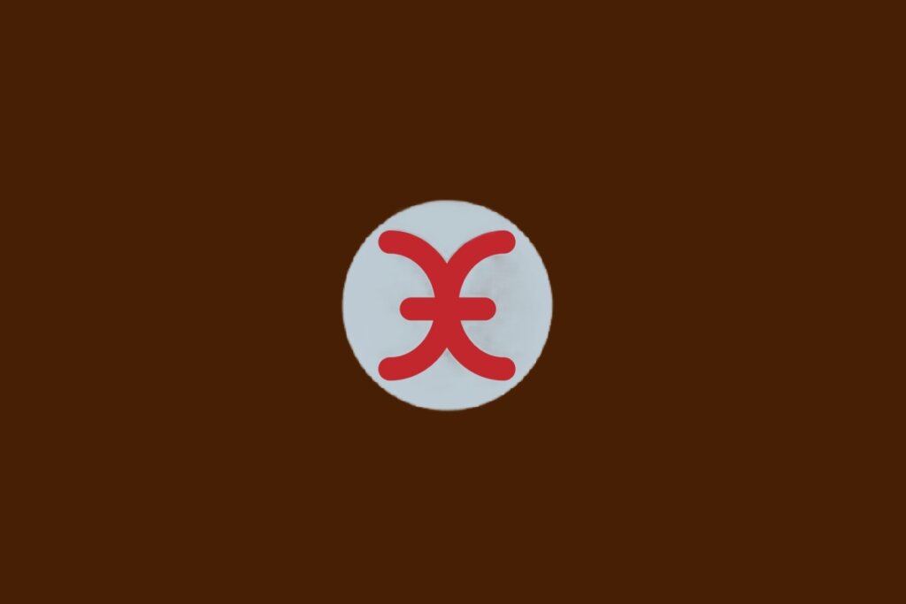 Ilustração do signo de Peixes, com símbolo vermelho com dois arcos curvos ligados por traço, sobre fundo cinza e marrom-escuro