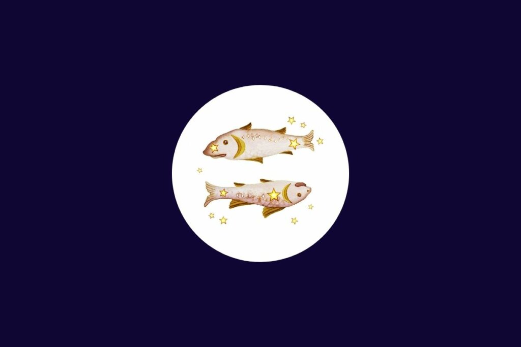 Ilustração do signo de peixes em um círculo branco sobre um fundo azul-escuro