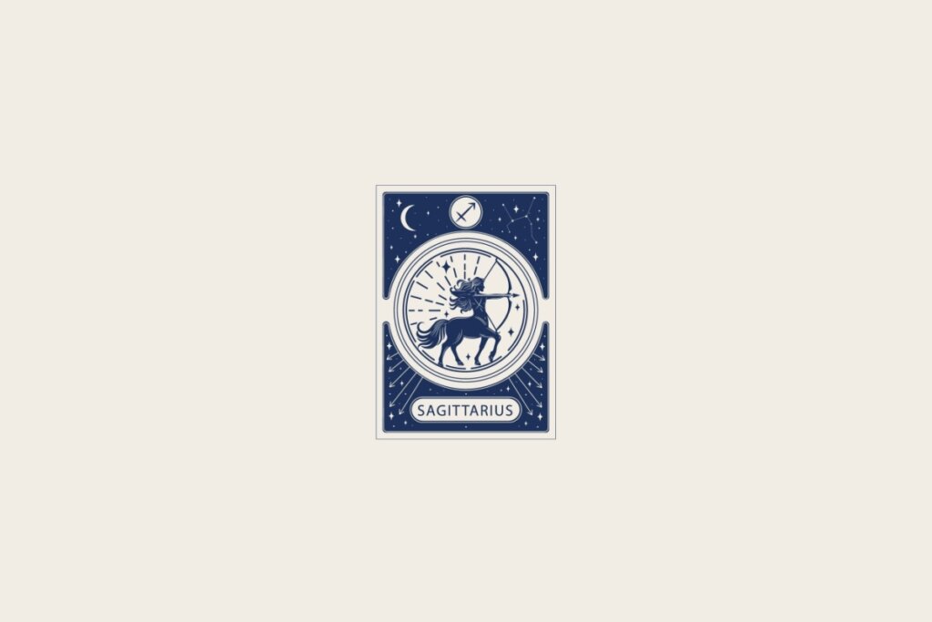 Ilustração do signo de Sagitário em azul dentro de uma carta e com fundo cinza