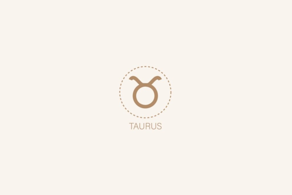 Ilustração do símbolo e nome em inglês do signo de touro em um fundo bege