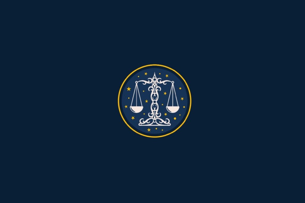 círculo amarelo com ilustração de balança branca representando o signo de libra com estrelas amarelas em volta