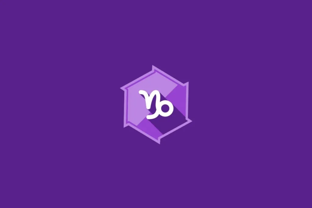 Ilustração do signo de Capricórnio, em fundo roxo, com símbolo curvo que lembra a junção de uma letra "n" e uma espiral