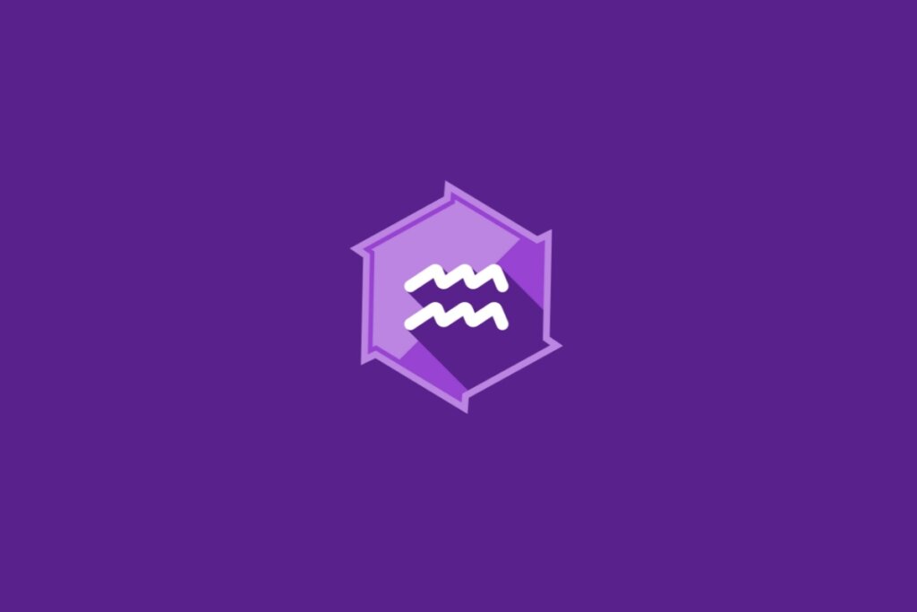 Ilustração do signo de Aquário, em fundo roxo, com símbolo composto por duas linhas onduladas paralelas