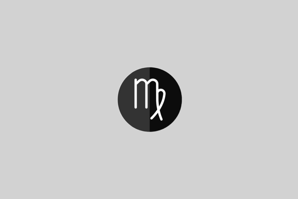 Ilustração do signo de Virgem, contendo traço branco em forma de "m" com um laço, sobre fundo cinza e círculo preto bipartido ao centro