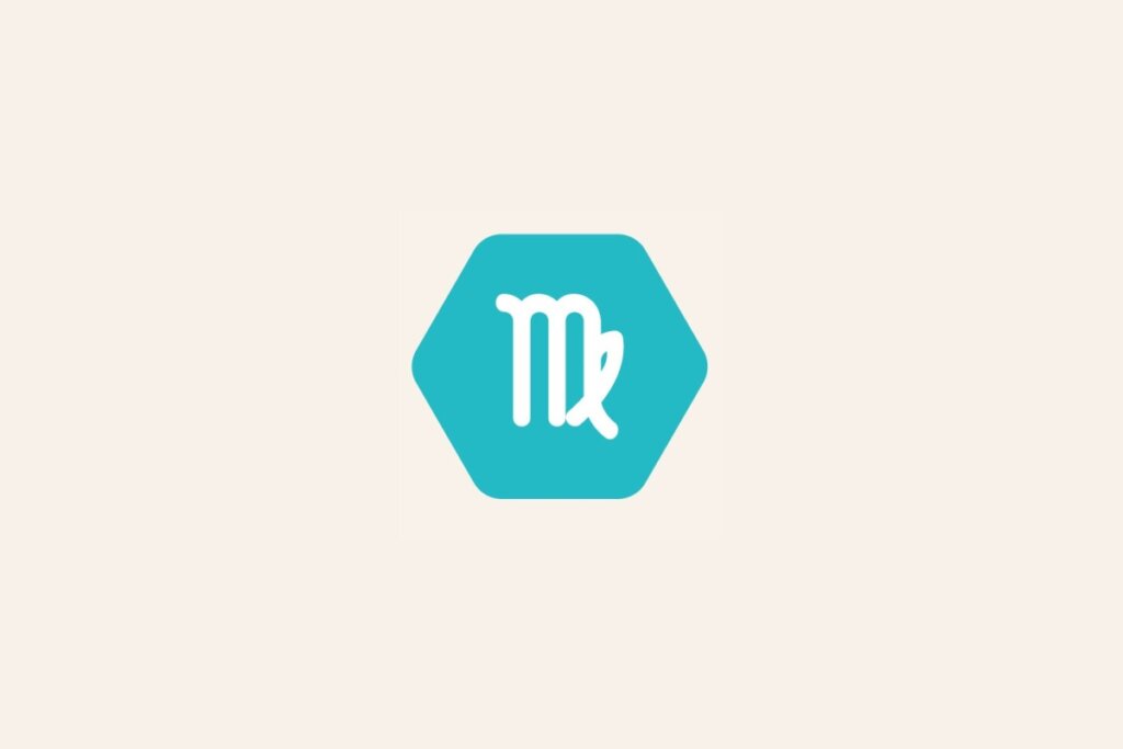 Ilustração do signo Virgem, com símbolo branco em forma de letra "M" estilizada com uma curva na perna final sobre fundo azul-esverdeado em hexágono
