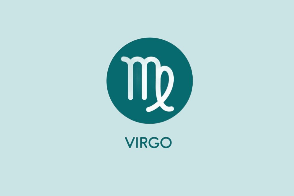 Ilustração do signo de Virgem, contendo o símbolo formado por linhas entrelaçadas parecido com um M em um círculo sobre fundo verde-claro
