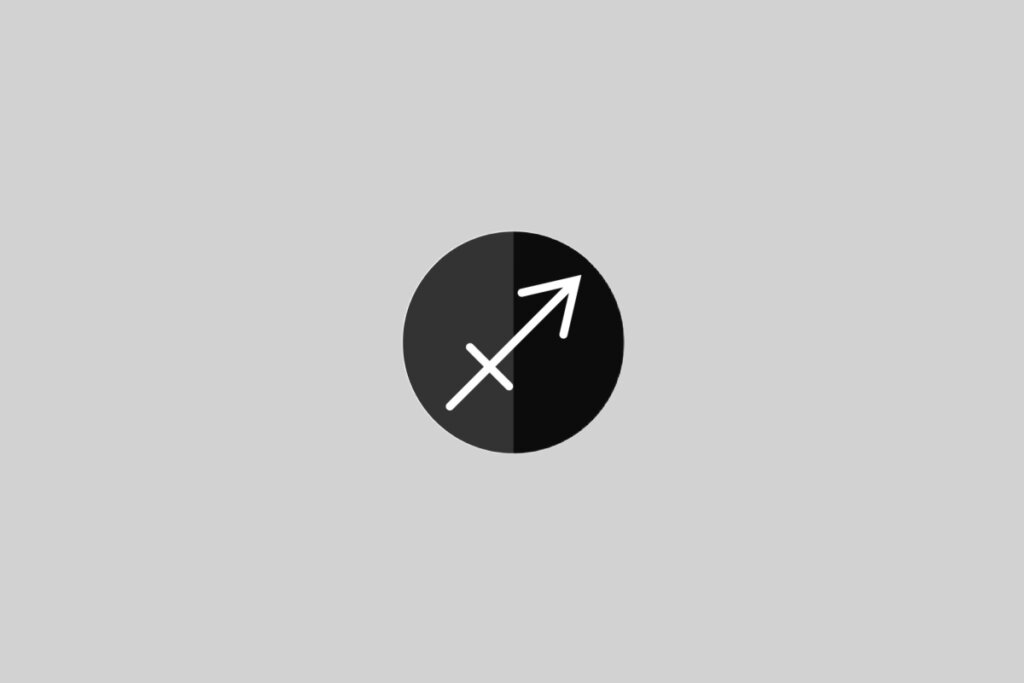 Ilustração do signo de Sagitário, contendo uma flecha branca apontada para cima e para a direita, sobre fundo cinza com círculo preto bipartido