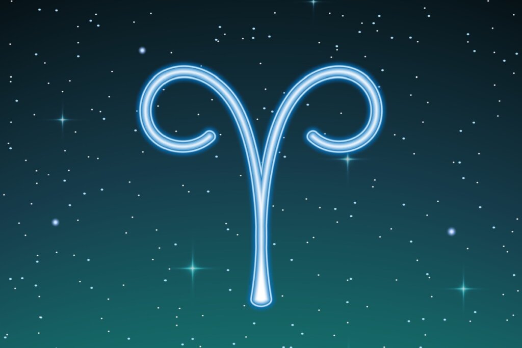 ilustração azul do símbolo de áries sobre fundo esverdeado com estrelas