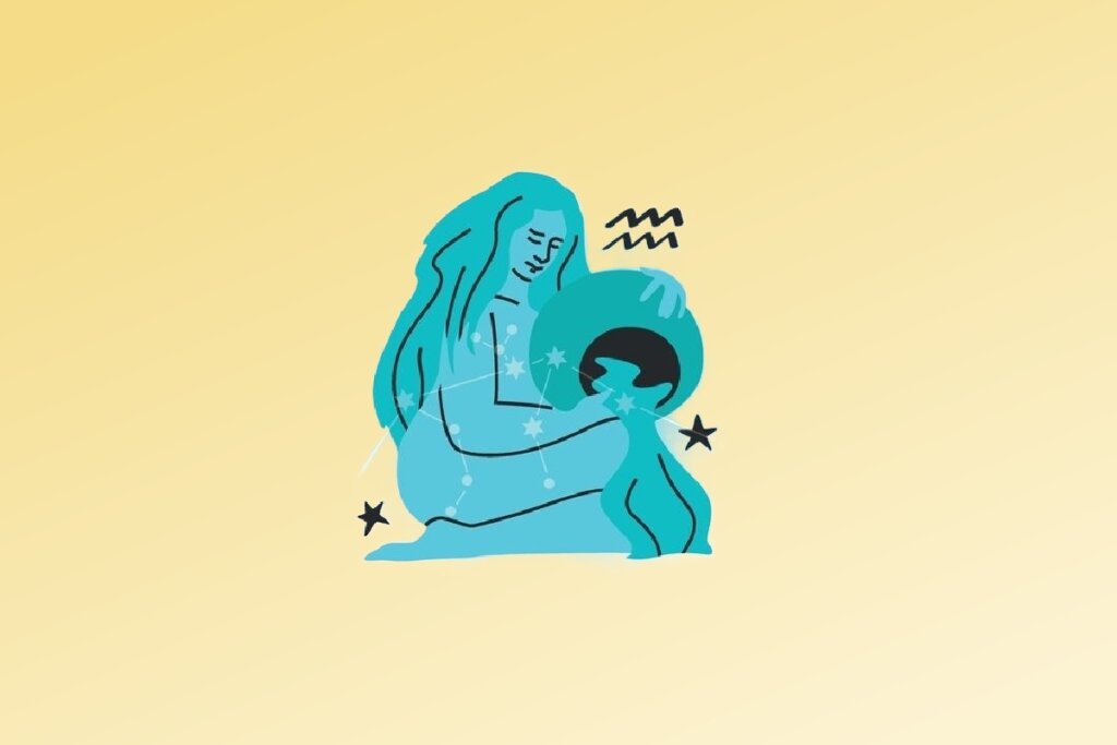 Ilustração do signo de Aquário contendo figura vertendo água de um recipiente com símbolos de constelação em fundo amarelo