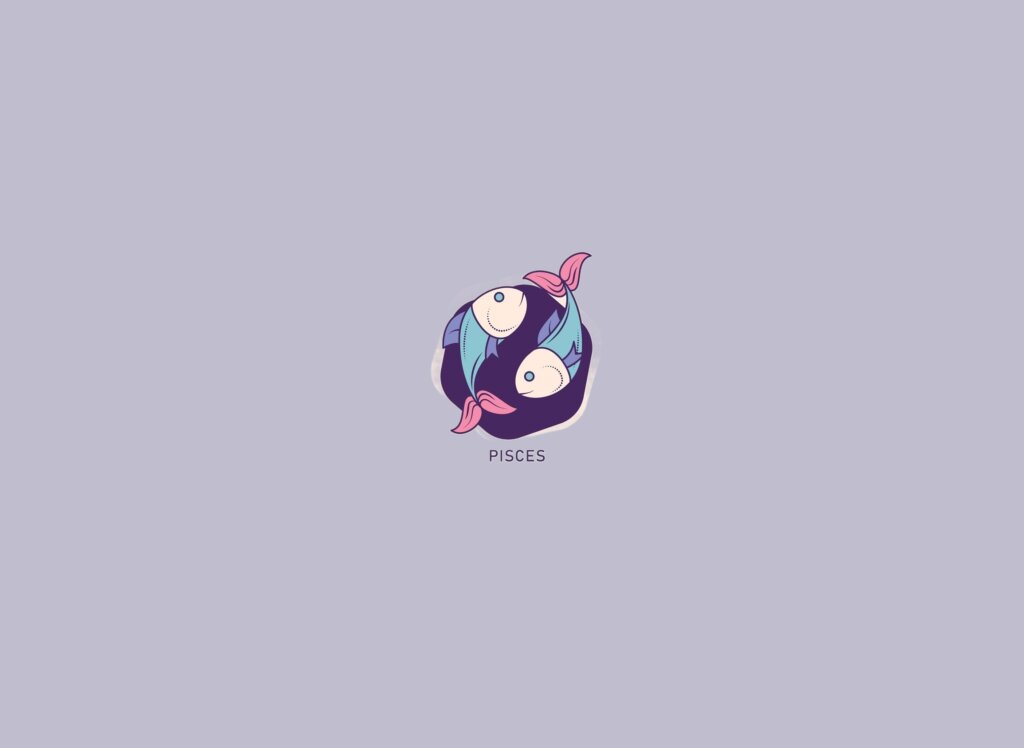 Ilustração de dois peixes, em um círculo roxo, em tons de roxo, azul, rosa e bege, sobre um fundo lilás